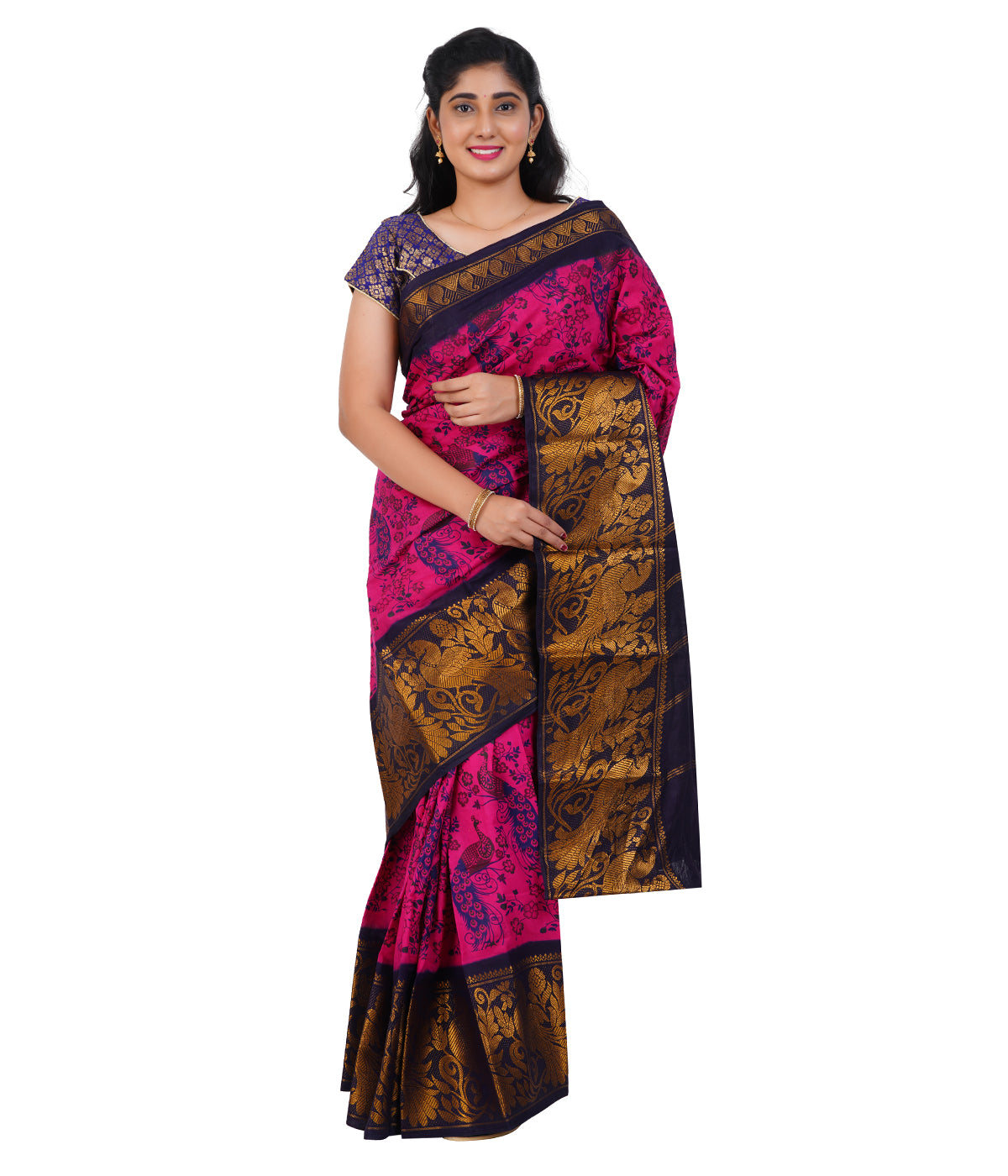 Vibrant Pink Saree with Navy Blue & Golden Zari Border