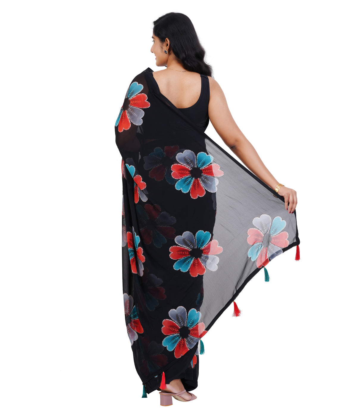 Stylish Black Saree with Bold Multicolor Floral Prints