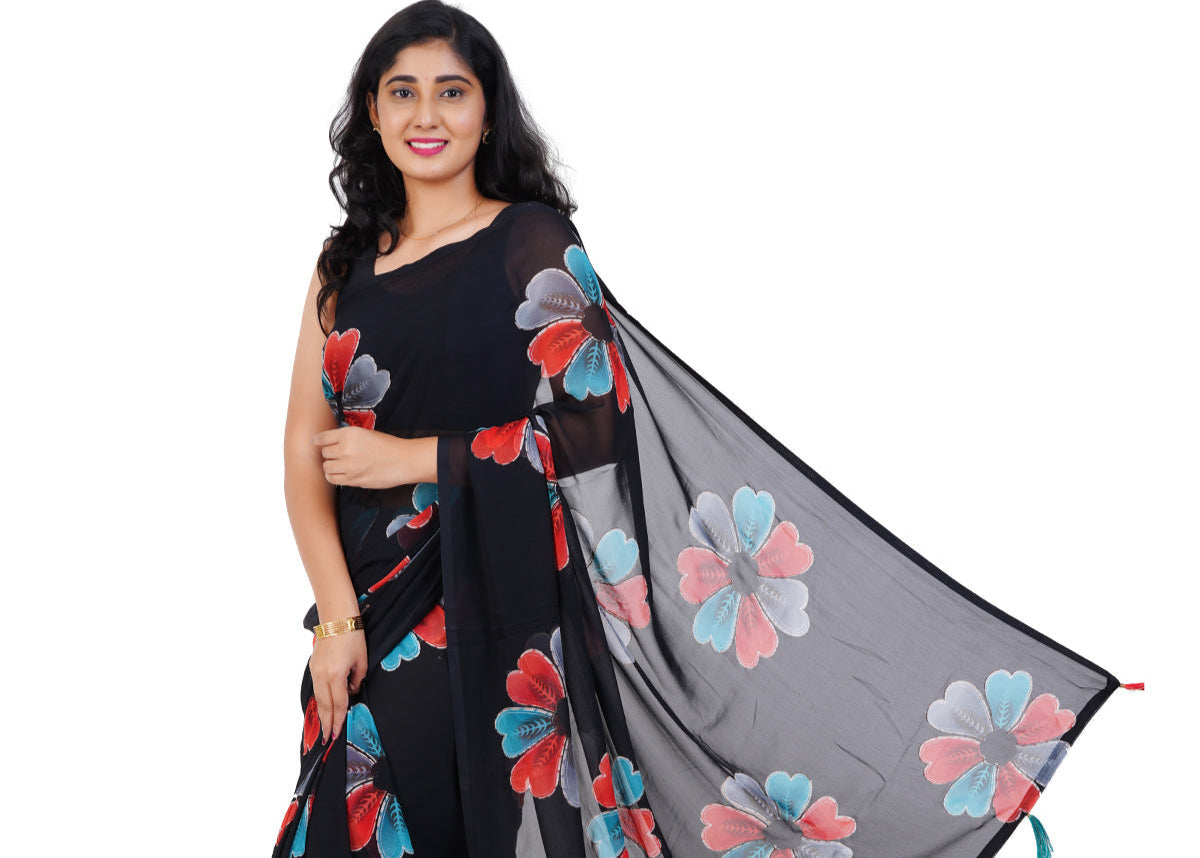 Stylish Black Saree with Bold Multicolor Floral Prints