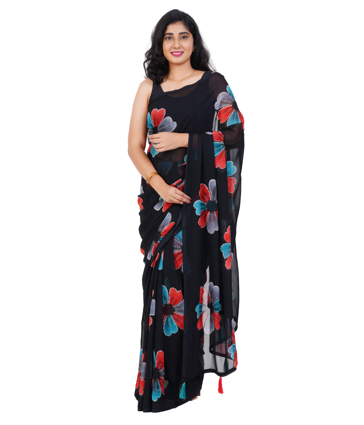 Stylish Black Saree with Bold Multicolor Floral Prints