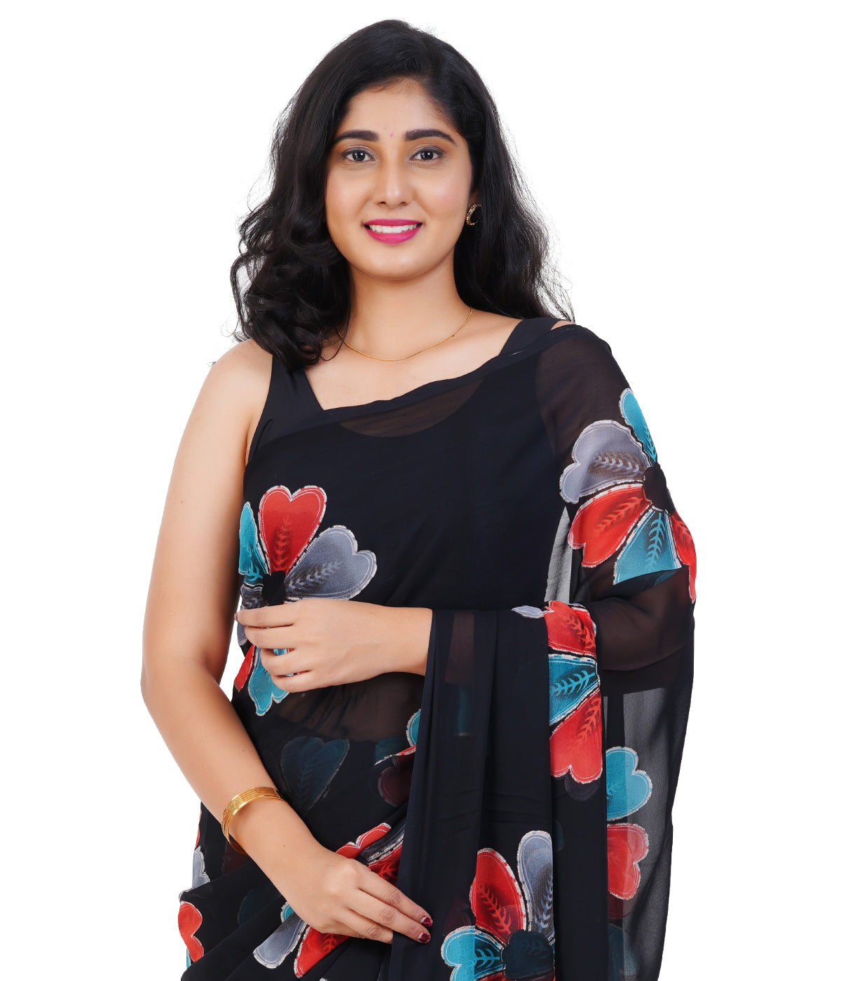 Stylish Black Saree with Bold Multicolor Floral Prints
