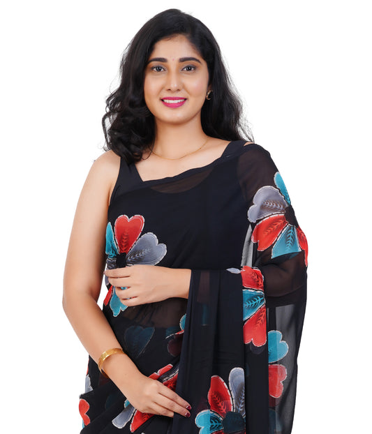 Stylish Black Saree with Bold Multicolor Floral Prints