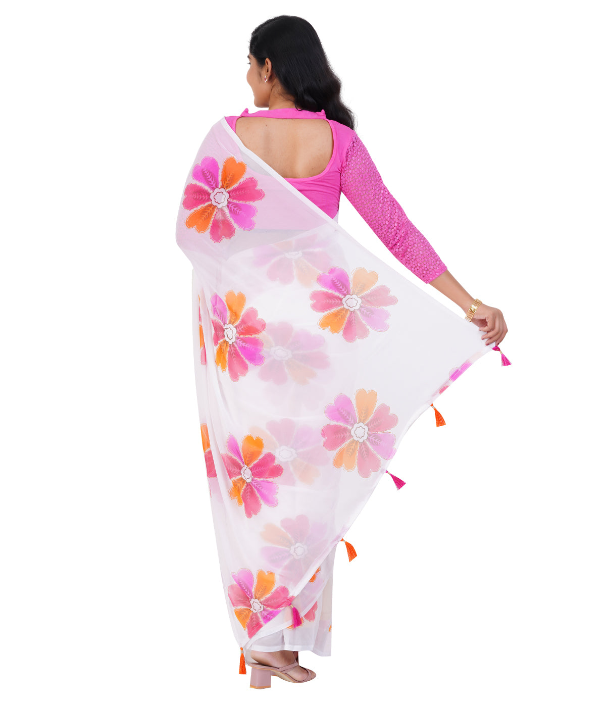 Stylish White Saree with Bold Multicolor Floral Prints