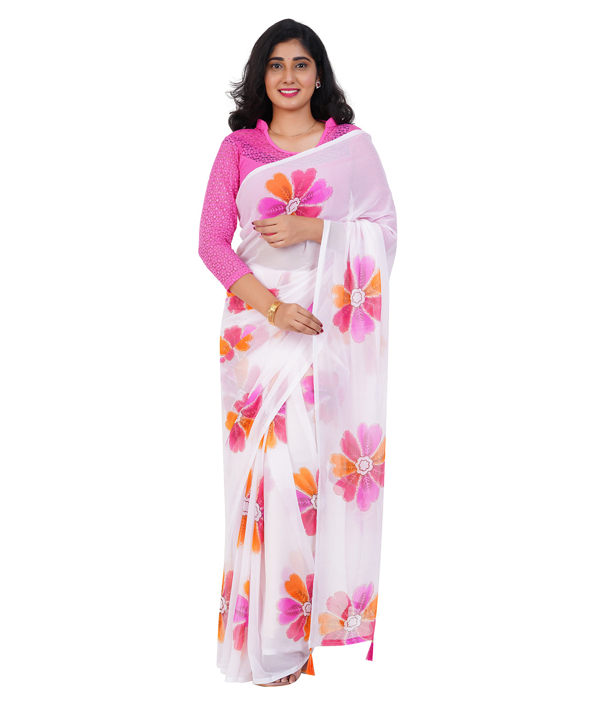 Stylish White Saree with Bold Multicolor Floral Prints