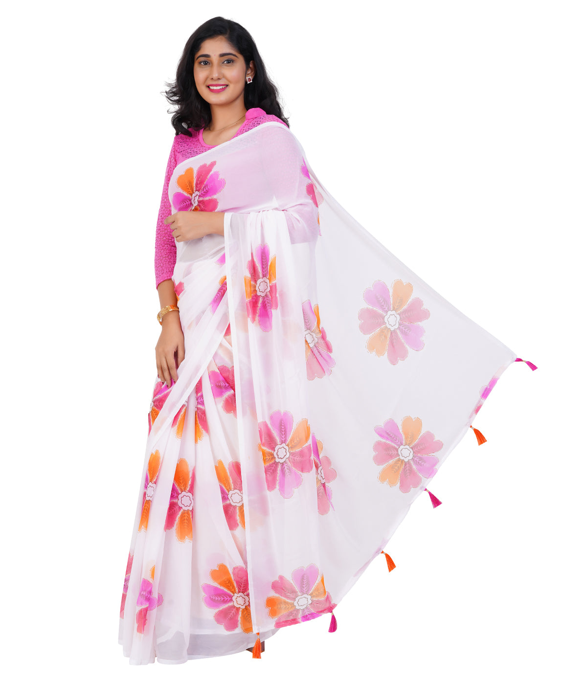 Stylish White Saree with Bold Multicolor Floral Prints