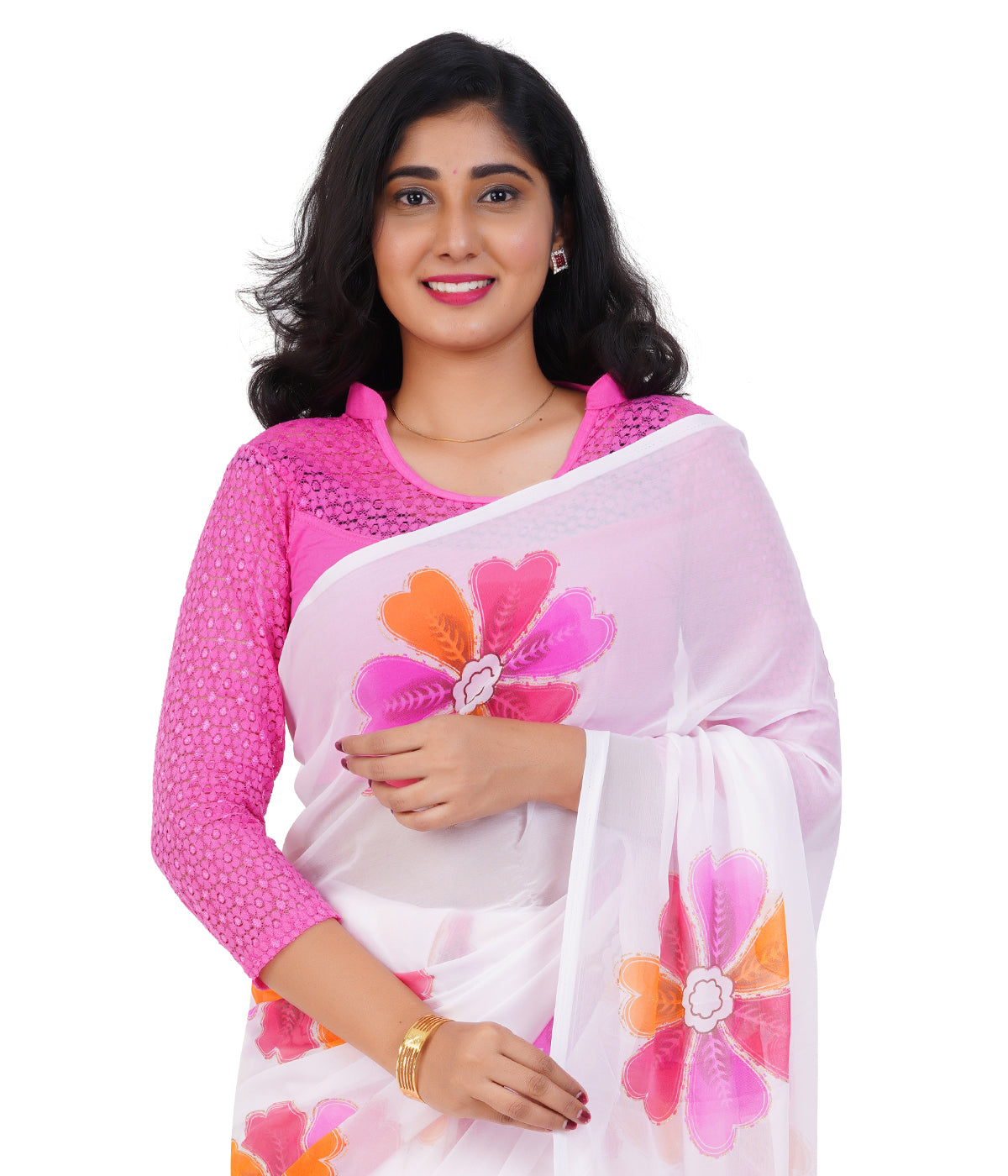 Stylish White Saree with Bold Multicolor Floral Prints