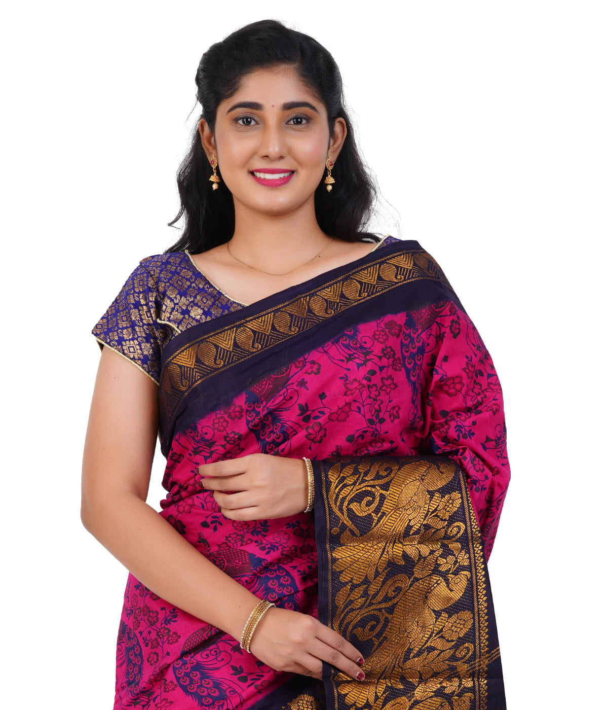 Vibrant Pink Saree with Navy Blue & Golden Zari Border
