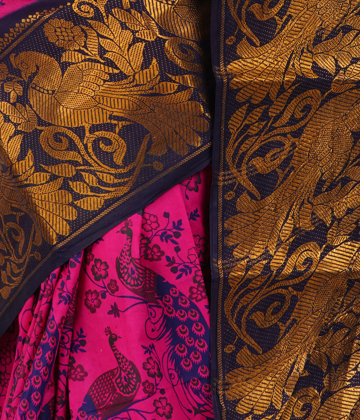 Vibrant Pink Saree with Navy Blue & Golden Zari Border