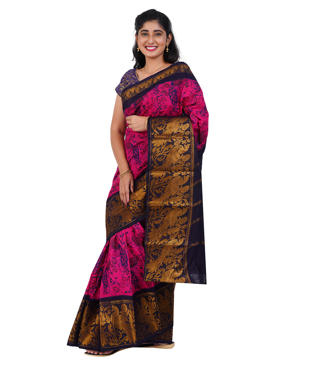 Vibrant Pink Saree with Navy Blue & Golden Zari Border