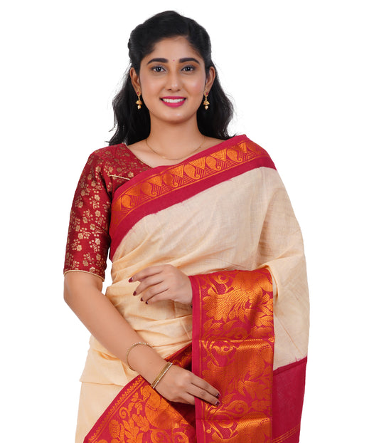Elegant Cream Saree with Rich Red & Golden Border