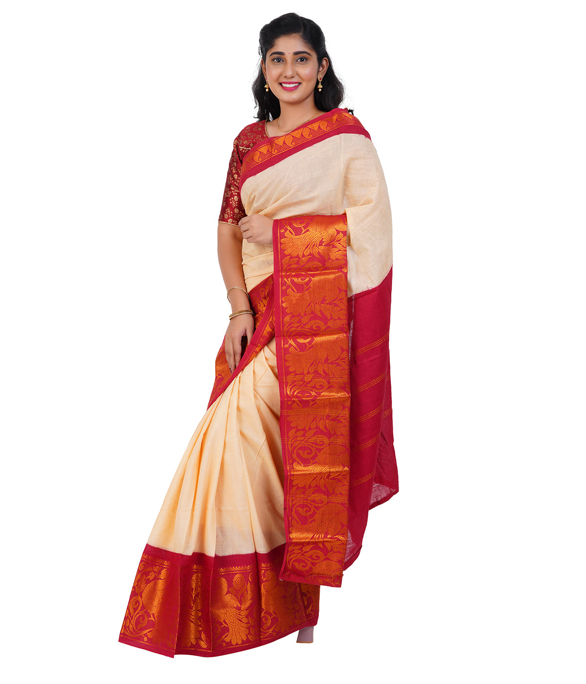 Elegant Cream Saree with Rich Red & Golden Border