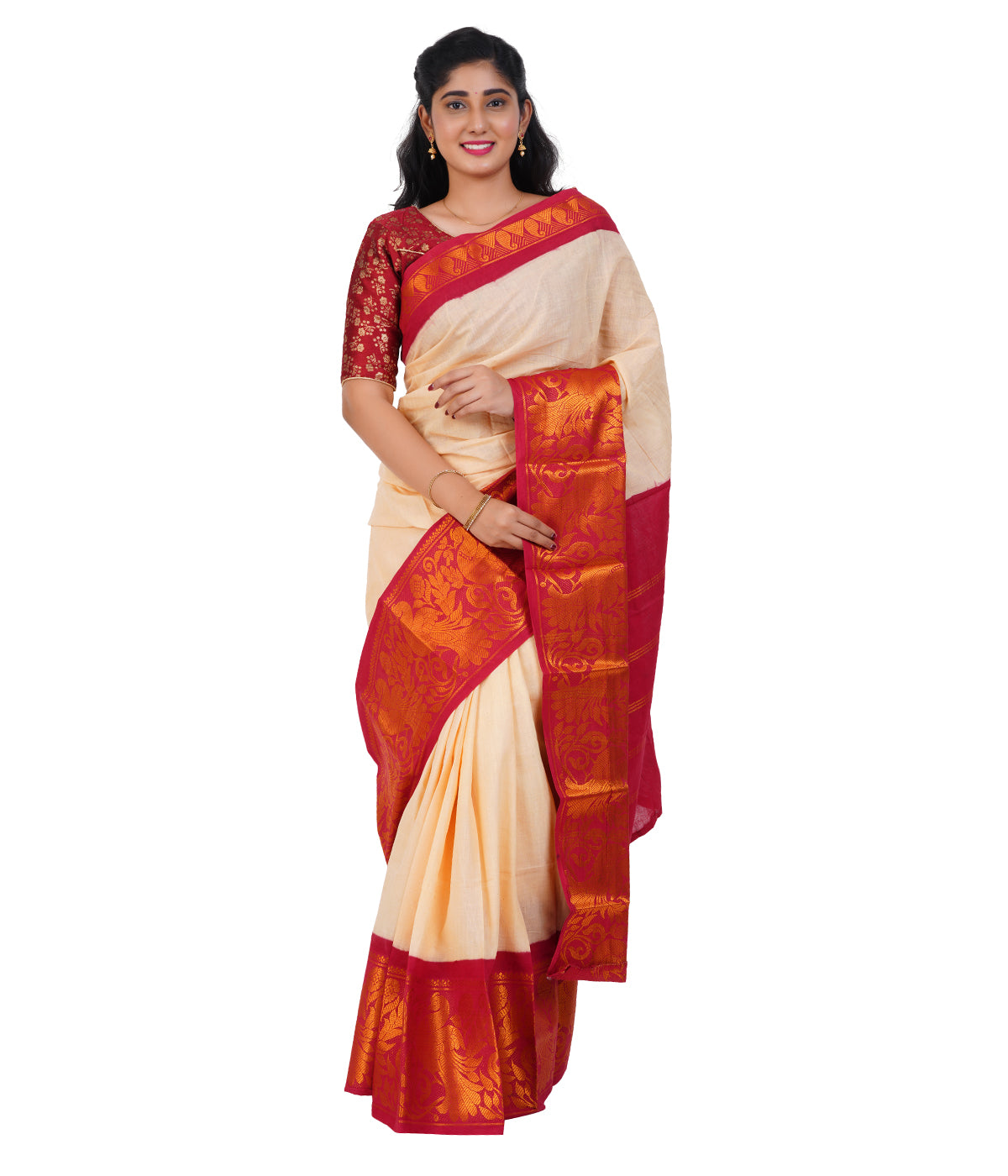 Elegant Cream Saree with Rich Red & Golden Border