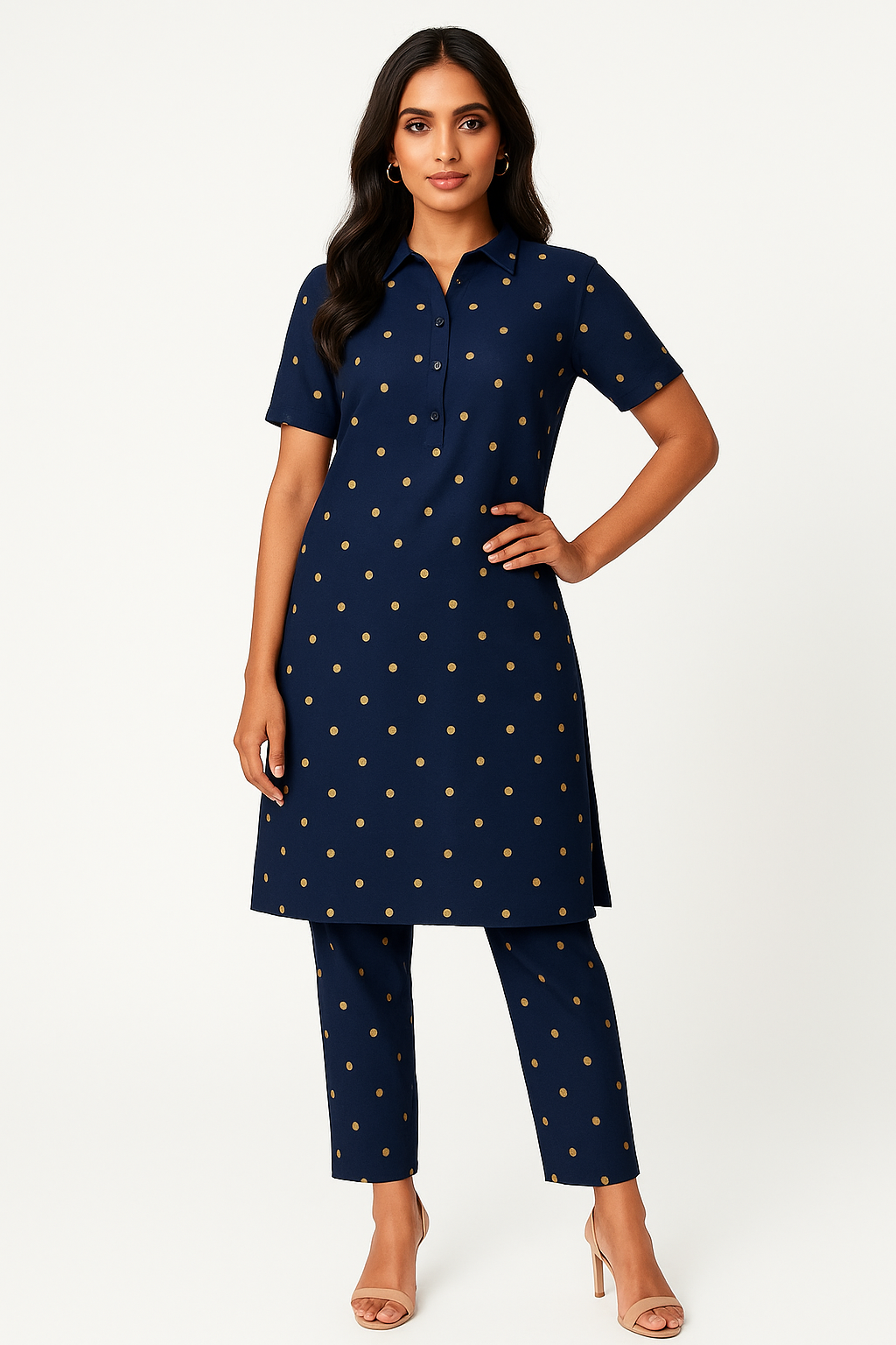 Navy Blue Polka Dot Printed 2-Piece Chudithar Set for Women (Top & Bottom)